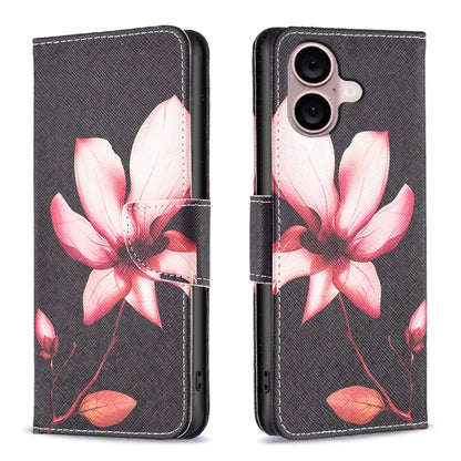 For iPhone 16 Plus Colored Drawing Pattern Flip Leather Phone Case(Lotus) - iPhone 16 Plus Cases by buy2fix | Online Shopping UK | buy2fix