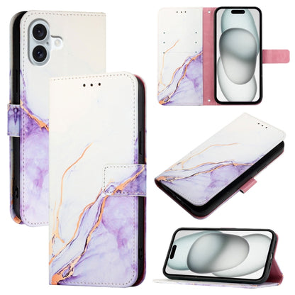 For iPhone 16 Plus PT003 Marble Pattern Flip Leather Phone Case(White Purple LS006) - iPhone 16 Plus Cases by buy2fix | Online Shopping UK | buy2fix