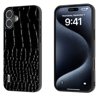 For iPhone 16 Plus ABEEL Genuine Leather Crocodile Pattern Black Edge Phone Case(Black) - iPhone 16 Plus Cases by buy2fix | Online Shopping UK | buy2fix