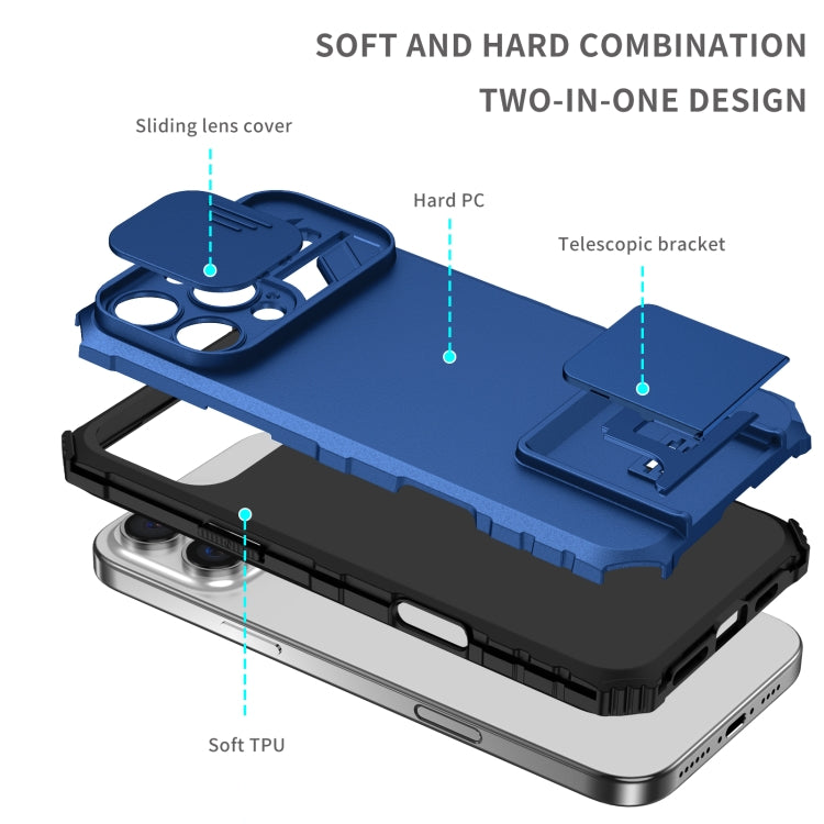 For iPhone 16 Pro Stereoscopic Holder Sliding Camshield Phone Case(Blue) - iPhone 16 Pro Cases by buy2fix | Online Shopping UK | buy2fix