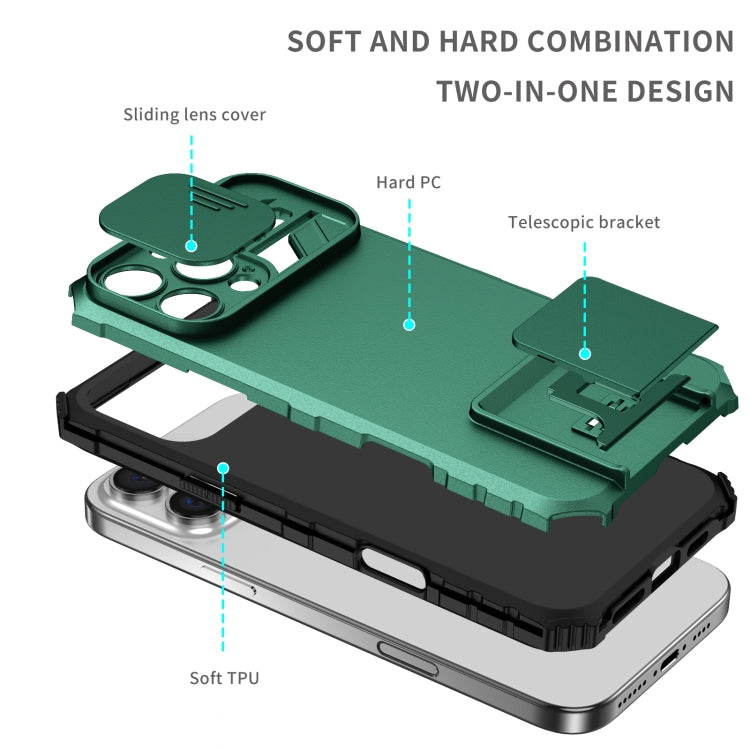 For iPhone 16 Pro Stereoscopic Holder Sliding Camshield Phone Case(Green) - iPhone 16 Pro Cases by buy2fix | Online Shopping UK | buy2fix