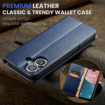 For iPhone 16 Fierre Shann PU Genuine Leather Texture Phone Case(Blue) - iPhone 16 Cases by FIERRE SHANN | Online Shopping UK | buy2fix