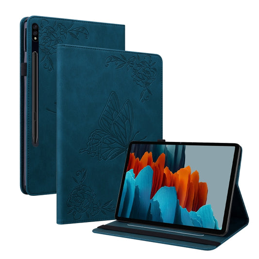 For Samsung Galaxy Tab S9 Butterfly Flower Embossed Leather Tablet Case(Blue) - Galaxy Tab S9 Cases by buy2fix | Online Shopping UK | buy2fix