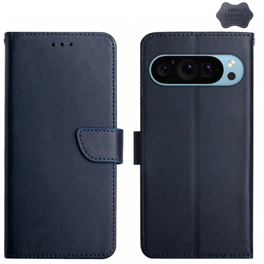 For Google Pixel 9 Pro HT02 Genuine Leather Fingerprint-proof Flip Phone Case(Blue) - Google Cases by buy2fix | Online Shopping UK | buy2fix