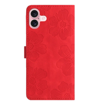 For iPhone 16 Flower Embossing Pattern Leather Phone Case(Red) - iPhone 16 Cases by buy2fix | Online Shopping UK | buy2fix