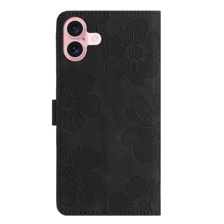 For iPhone 16 Flower Embossing Pattern Leather Phone Case(Black) - iPhone 16 Cases by buy2fix | Online Shopping UK | buy2fix