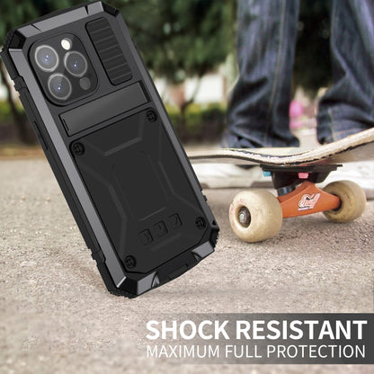 For iPhone 15 Pro Max R-JUST Shockproof Life Waterproof Dust-proof Metal + Silicone Phone Case with Holder(Black) - iPhone 15 Pro Max Cases by R-JUST | Online Shopping UK | buy2fix