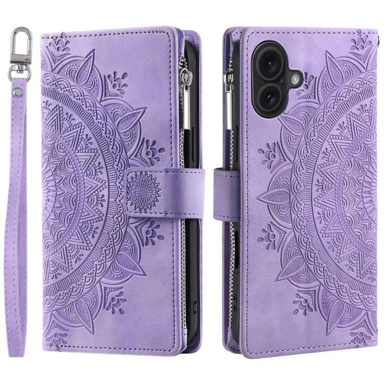 For iPhone 16 Multi-Card Totem Zipper Leather Phone Case(Purple) - iPhone 16 Cases by buy2fix | Online Shopping UK | buy2fix