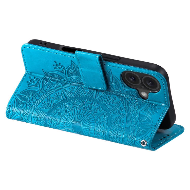 For iPhone 16 Plus Totem Flower Embossed Leather Phone Case(Blue) - iPhone 16 Plus Cases by buy2fix | Online Shopping UK | buy2fix