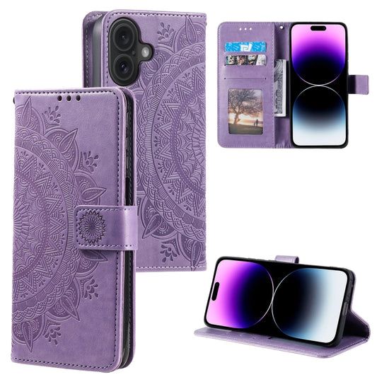 For iPhone 16 Plus Totem Flower Embossed Leather Phone Case(Purple) - iPhone 16 Plus Cases by buy2fix | Online Shopping UK | buy2fix