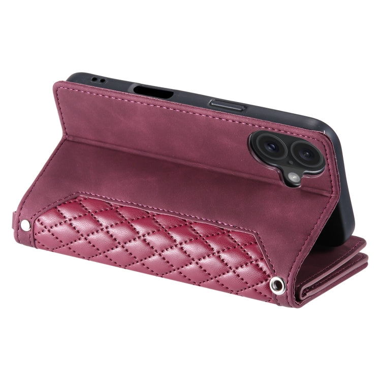 For iPhone 16 Grid Texture Zipper Leather Phone Case with Lanyard(Wine Red) - iPhone 16 Cases by buy2fix | Online Shopping UK | buy2fix