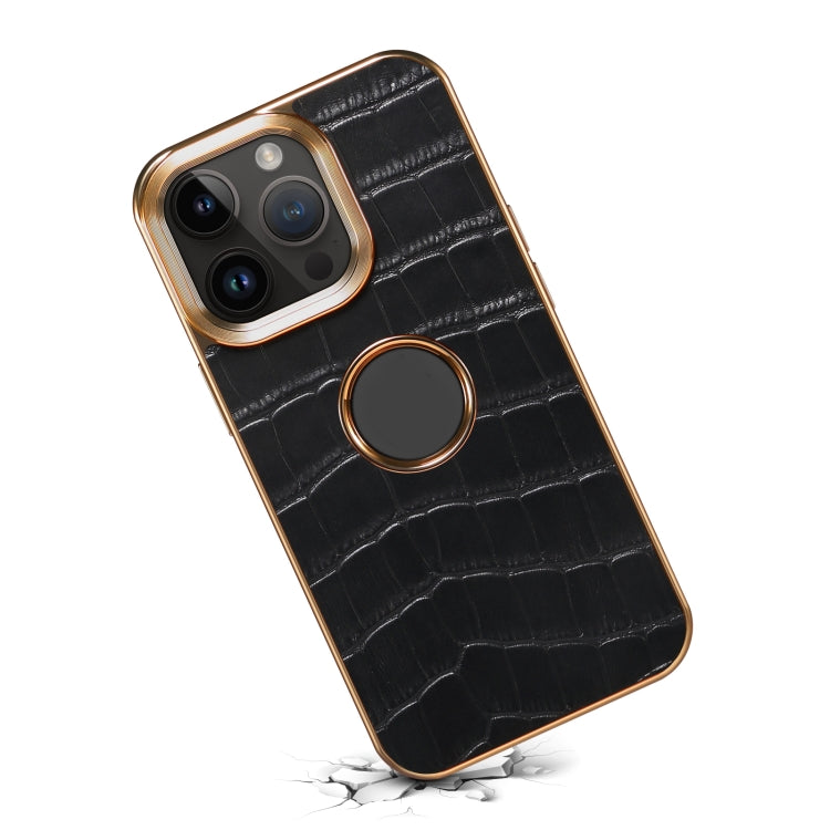 For iPhone 15 Pro Max Denior Crocodile Texture Genuine Leather Electroplating Phone Case(Black) - iPhone 15 Pro Max Cases by Denior | Online Shopping UK | buy2fix