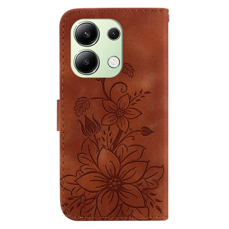For Xiaomi Redmi Note 13 4G Global Lily Embossed Leather Phone Case(Brown) - Note 13 Cases by buy2fix | Online Shopping UK | buy2fix