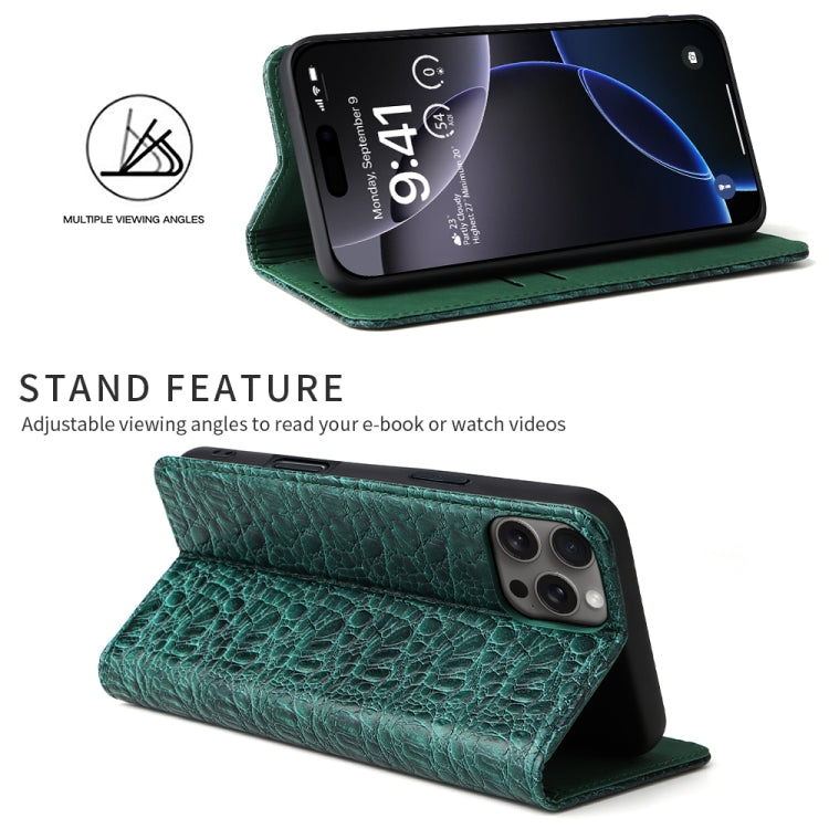 For iPhone 16 Pro Max Fierre Shann Crocodile Texture Magnetic Genuine Leather Phone Case(Green) - iPhone 16 Pro Max Cases by FIERRE SHANN | Online Shopping UK | buy2fix