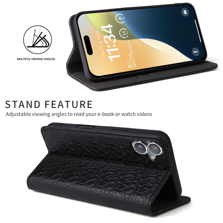 For iPhone 16 Fierre Shann Crocodile Texture Magnetic Genuine Leather Phone Case(Black) - iPhone 16 Cases by FIERRE SHANN | Online Shopping UK | buy2fix