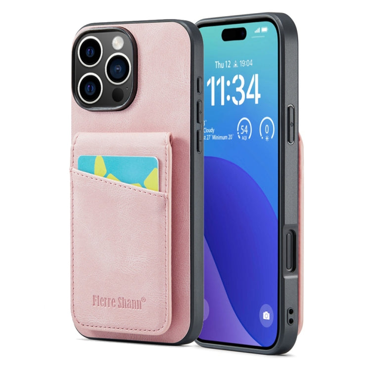 For iPhone 16 Pro Fierre Shann Crazy Horse Card Holder Back Cover PU Phone Case(Pink) - iPhone 16 Pro Cases by FIERRE SHANN | Online Shopping UK | buy2fix