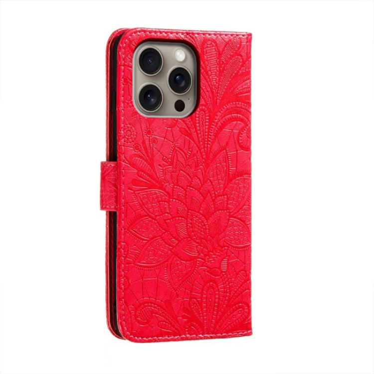 For iPhone 16 Pro Max Lace Flower Embossing Flip Leather Phone Case(Red) - iPhone 16 Pro Max Cases by buy2fix | Online Shopping UK | buy2fix