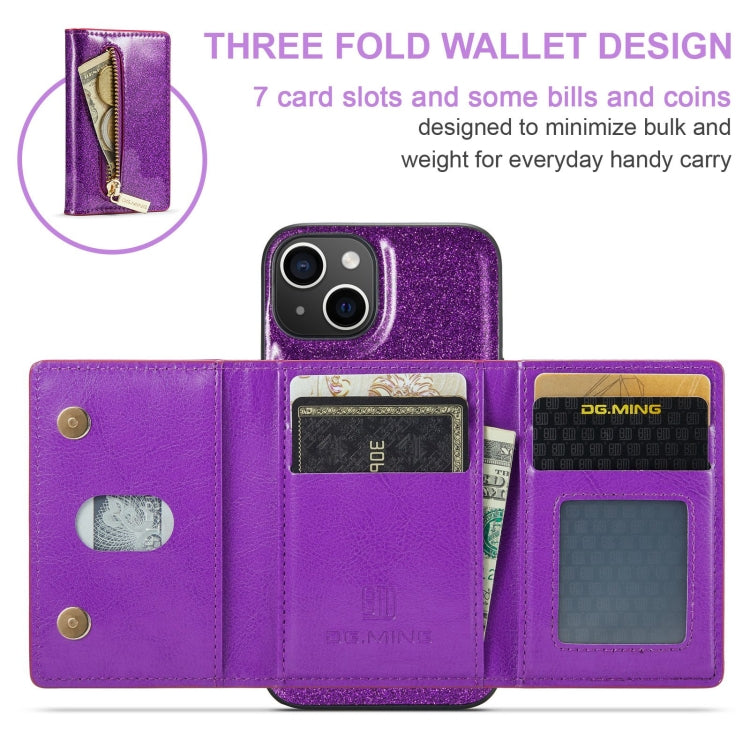 For iPhone 15 DG.MING M3 Series Glitter Powder Card Bag Leather Phone Case(Dark Purple) - iPhone 15 Cases by DG.MING | Online Shopping UK | buy2fix