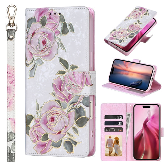 For iPhone 16 Plus Bronzing Painting RFID Leather Case(Rose Flower) - iPhone 16 Plus Cases by buy2fix | Online Shopping UK | buy2fix