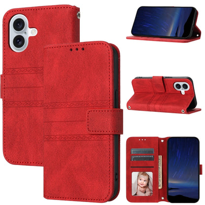 For iPhone 16 Embossed Stripes Skin Feel Leather Phone Case(Red) - iPhone 16 Cases by buy2fix | Online Shopping UK | buy2fix