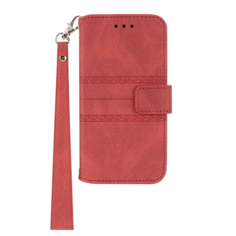 For iPhone 16 Embossed Stripes Skin Feel Leather Phone Case(Red) - iPhone 16 Cases by buy2fix | Online Shopping UK | buy2fix