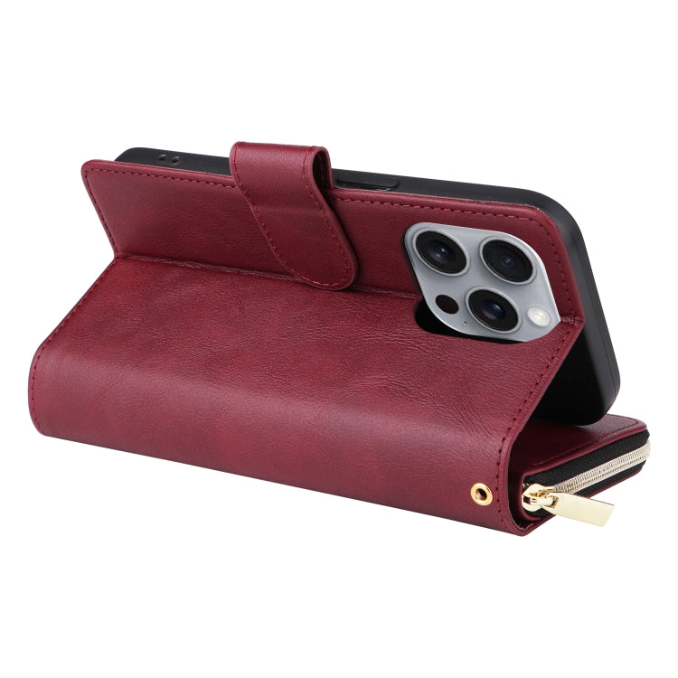 For iPhone 16 Pro Max 9 Card Slots Zipper Wallet Bag Leather Phone Case(Wine Red) - iPhone 16 Pro Max Cases by buy2fix | Online Shopping UK | buy2fix