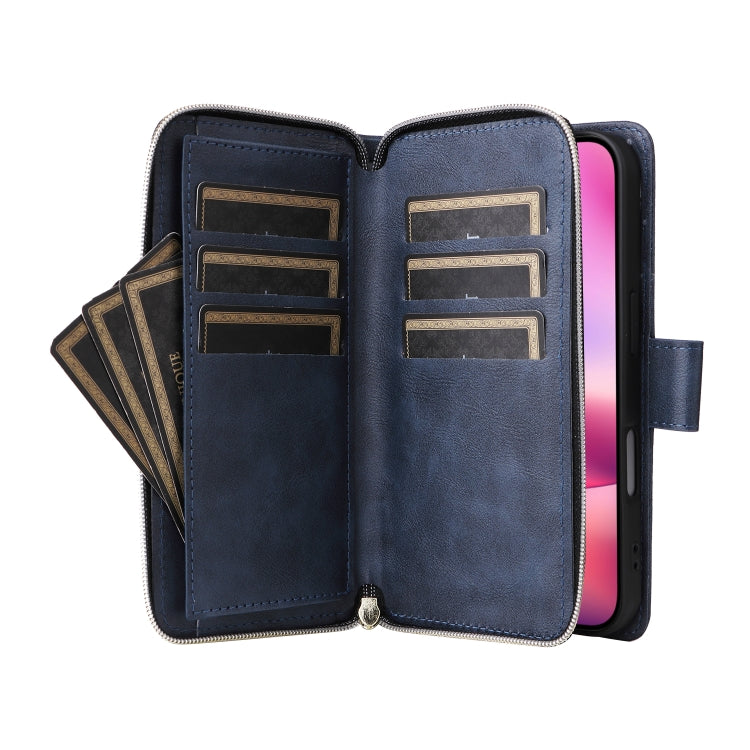 For iPhone 16 9 Card Slots Zipper Wallet Bag Leather Phone Case(Blue) - iPhone 16 Cases by buy2fix | Online Shopping UK | buy2fix