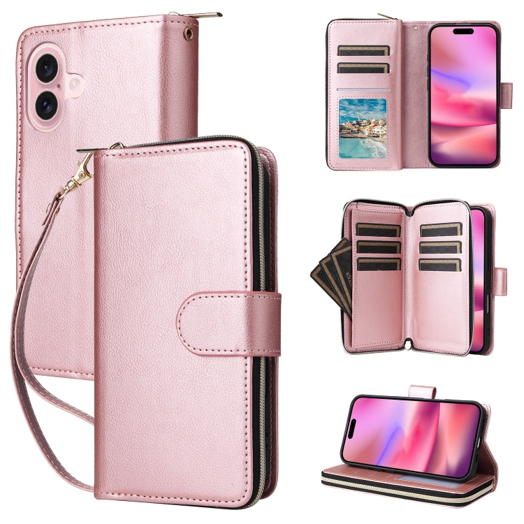 For iPhone 16 9 Card Slots Zipper Wallet Bag Leather Phone Case(Rose Gold) - iPhone 16 Cases by buy2fix | Online Shopping UK | buy2fix