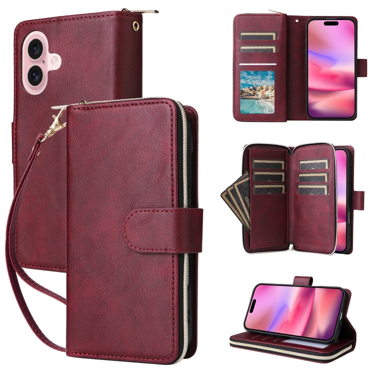 For iPhone 16 9 Card Slots Zipper Wallet Bag Leather Phone Case(Wine Red) - iPhone 16 Cases by buy2fix | Online Shopping UK | buy2fix