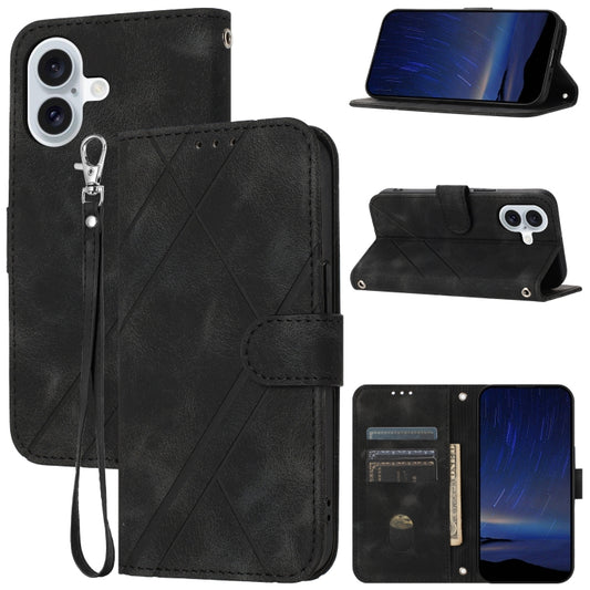 For iPhone 16 Embossed Line Leather Phone Case with Lanyard(Black) - iPhone 16 Cases by buy2fix | Online Shopping UK | buy2fix