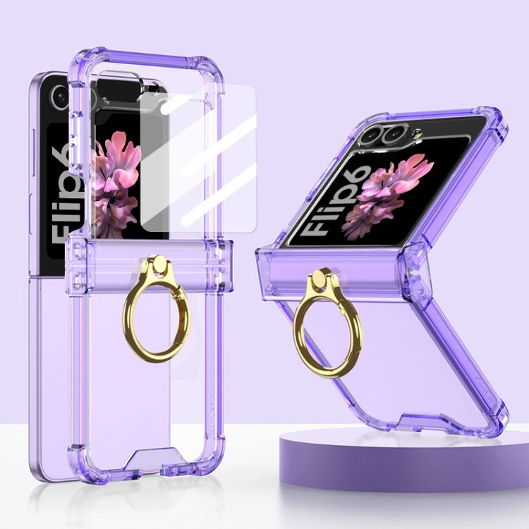 For Samsung Galaxy Z Flip6 Gkk Airbag Hinge Silicone Phone Case with Ring Holder & Tempered Film(Transparent Purple) - Galaxy Z Flip6 5G Cases by GKK | Online Shopping UK | buy2fix