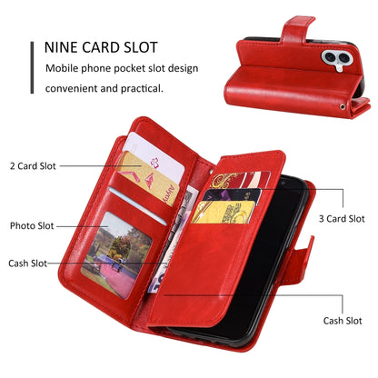 For iPhone 16 Tri-Fold 9-Card Wallets Leather Phone Case(Red) - iPhone 16 Cases by buy2fix | Online Shopping UK | buy2fix