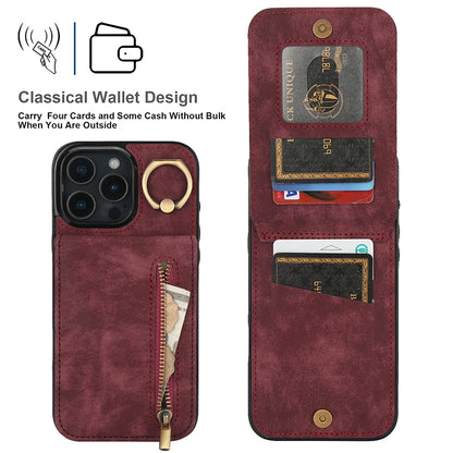 For iPhone 16 Pro Max Retro Ring and Zipper RFID Card Slot Phone Case(Wine Red) - iPhone 16 Pro Max Cases by buy2fix | Online Shopping UK | buy2fix