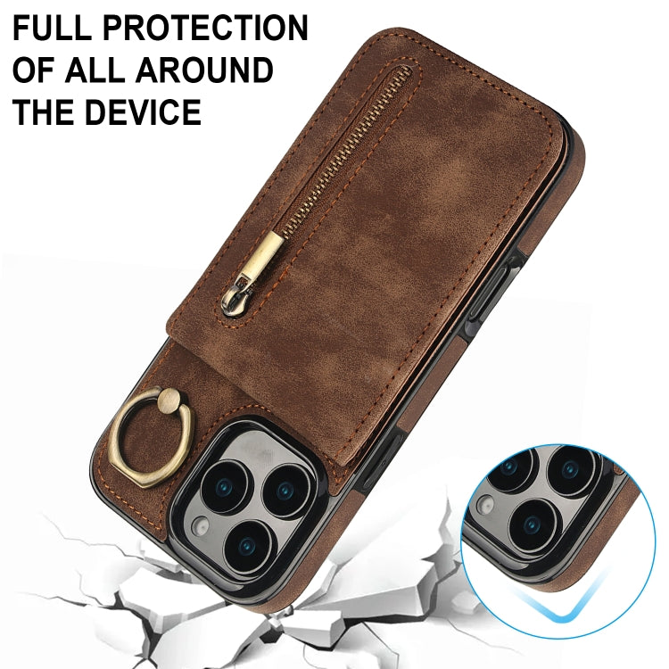 For iPhone 16 Pro Max Retro Ring and Zipper RFID Card Slot Phone Case(Brown) - iPhone 16 Pro Max Cases by buy2fix | Online Shopping UK | buy2fix