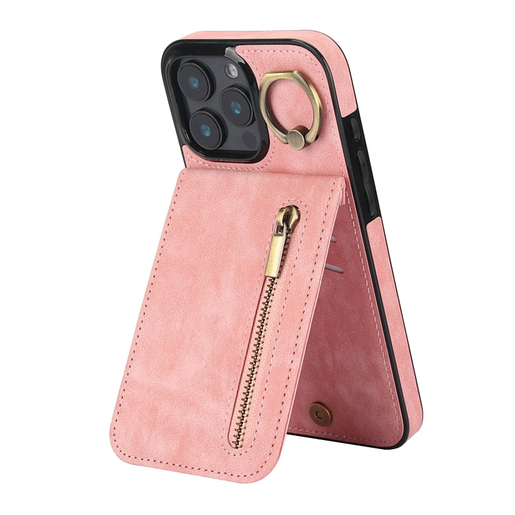 For iPhone 16 Pro Retro Ring and Zipper RFID Card Slot Phone Case(Pink) - iPhone 16 Pro Cases by buy2fix | Online Shopping UK | buy2fix