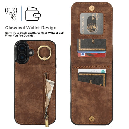 For iPhone 16 Plus Retro Ring and Zipper RFID Card Slot Phone Case(Brown) - iPhone 16 Plus Cases by buy2fix | Online Shopping UK | buy2fix