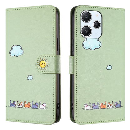 For Xiaomi Redmi 12 4G Cartoon Cats Leather Phone Case(Green) - Xiaomi Cases by buy2fix | Online Shopping UK | buy2fix