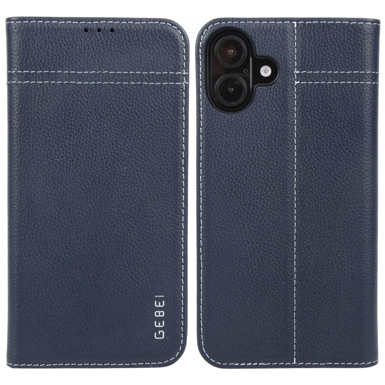 For iPhone 16 Plus GEBEI Top-grain Horizontal Flip Leather Phone Case(Blue) - iPhone 16 Plus Cases by GEBEI | Online Shopping UK | buy2fix