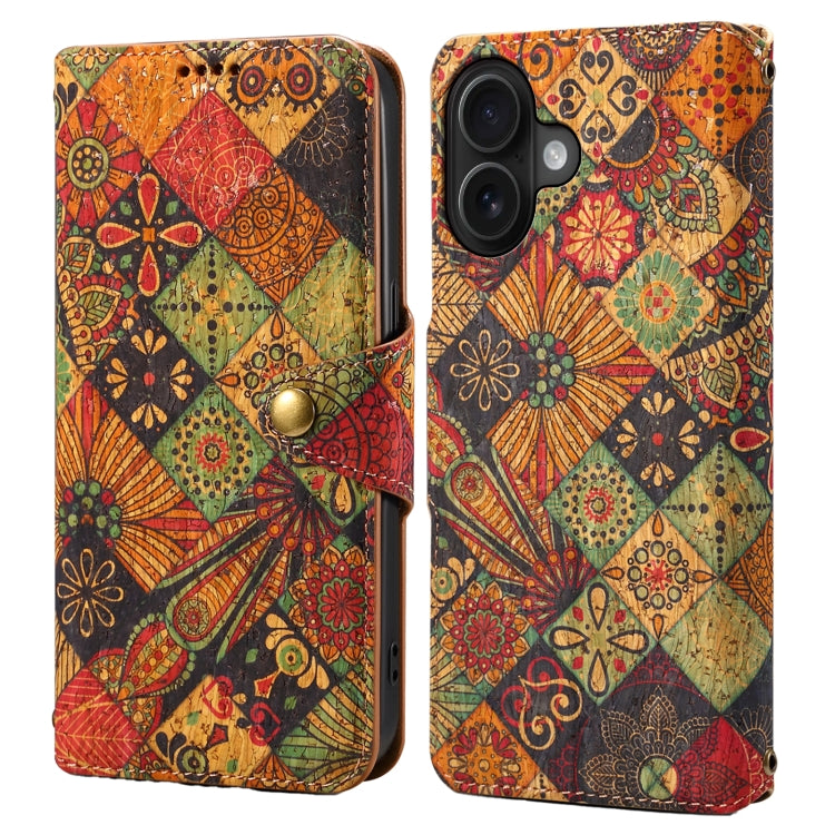 For iPhone 16 Plus Denior Flower Language Series Cork Fabric Oil Edge Leather Phone Case(Autumn) - iPhone 16 Plus Cases by Denior | Online Shopping UK | buy2fix