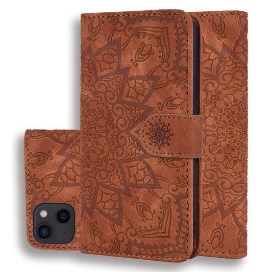 For iPhone 16 Pro Max Mandala Embossed Dual-Fold Calf Leather Phone Case(Brown) - iPhone 16 Pro Max Cases by buy2fix | Online Shopping UK | buy2fix