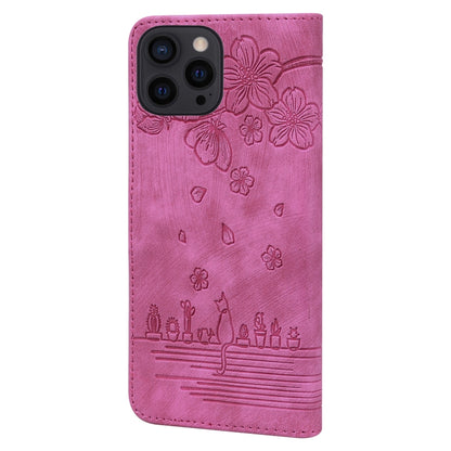 For iPhone 16 Pro Max Cartoon Sakura Cat Embossed Leather Phone Case(Rose Red) - iPhone 16 Pro Max Cases by buy2fix | Online Shopping UK | buy2fix