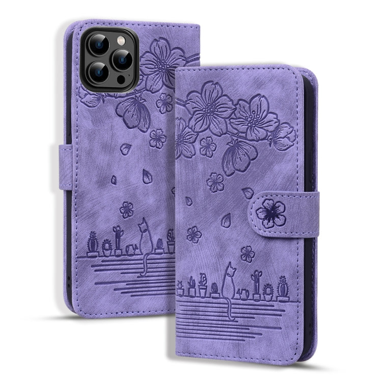 For iPhone 16 Pro Cartoon Sakura Cat Embossed Leather Phone Case(Purple) - iPhone 16 Pro Cases by buy2fix | Online Shopping UK | buy2fix