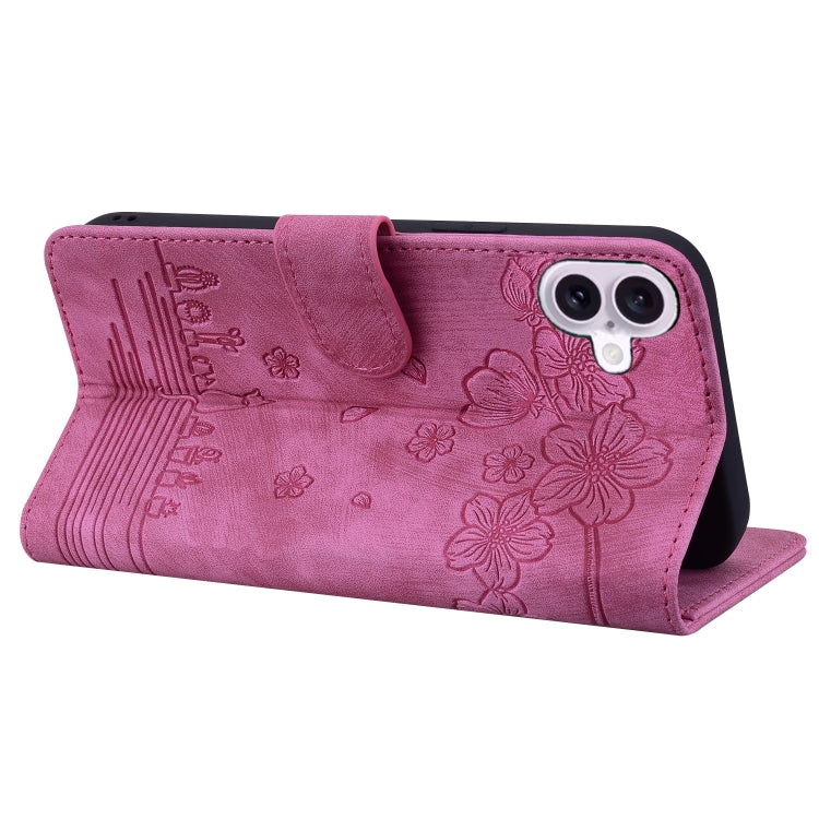 For iPhone 16 Plus Cartoon Sakura Cat Embossed Leather Phone Case(Rose Red) - iPhone 16 Plus Cases by buy2fix | Online Shopping UK | buy2fix