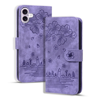 For iPhone 16 Plus Cartoon Sakura Cat Embossed Leather Phone Case(Purple) - iPhone 16 Plus Cases by buy2fix | Online Shopping UK | buy2fix