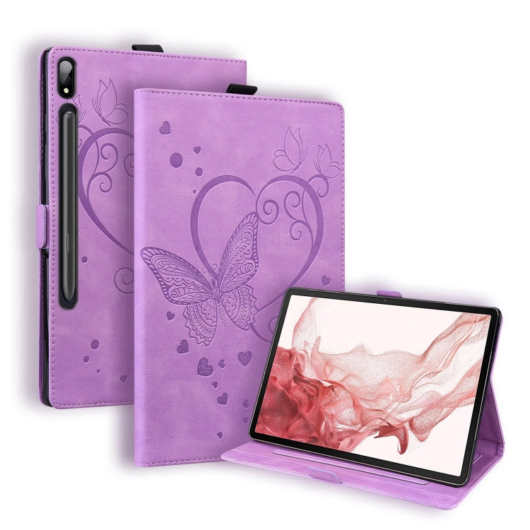 For Samsung Galaxy Tab S9 FE+ Love Butterfly Embossed Leather Tablet Case(Purple) - Galaxy Tab S9 FE+ by buy2fix | Online Shopping UK | buy2fix