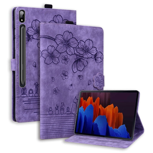 For Samsung Galaxy Tab S9 /S8 /S7 Cartoon Sakura Cat Embossed Smart Leather Tablet Case(Purple) - Galaxy Tab S9 Cases by buy2fix | Online Shopping UK | buy2fix