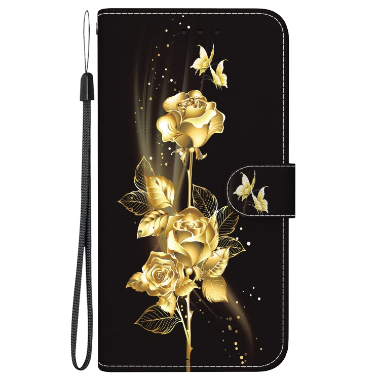 For iPhone 16e Crystal Texture Colored Drawing Leather Phone Case(Gold Butterfly Rose) - iPhone 16e Cases by buy2fix | Online Shopping UK | buy2fix