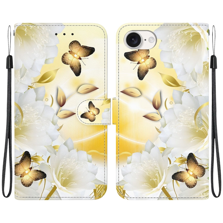 For iPhone 16e Crystal Texture Colored Drawing Leather Phone Case(Gold Butterfly Epiphyllum) - iPhone 16e Cases by buy2fix | Online Shopping UK | buy2fix