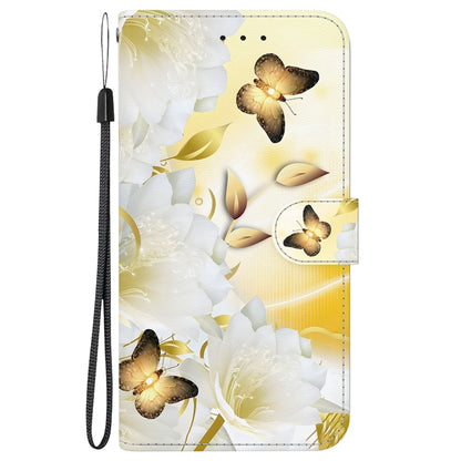 For iPhone 16e Crystal Texture Colored Drawing Leather Phone Case(Gold Butterfly Epiphyllum) - iPhone 16e Cases by buy2fix | Online Shopping UK | buy2fix