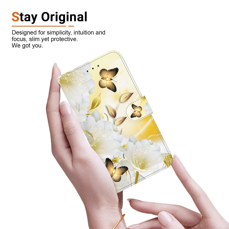 For iPhone 16e Crystal Texture Colored Drawing Leather Phone Case(Gold Butterfly Epiphyllum) - iPhone 16e Cases by buy2fix | Online Shopping UK | buy2fix